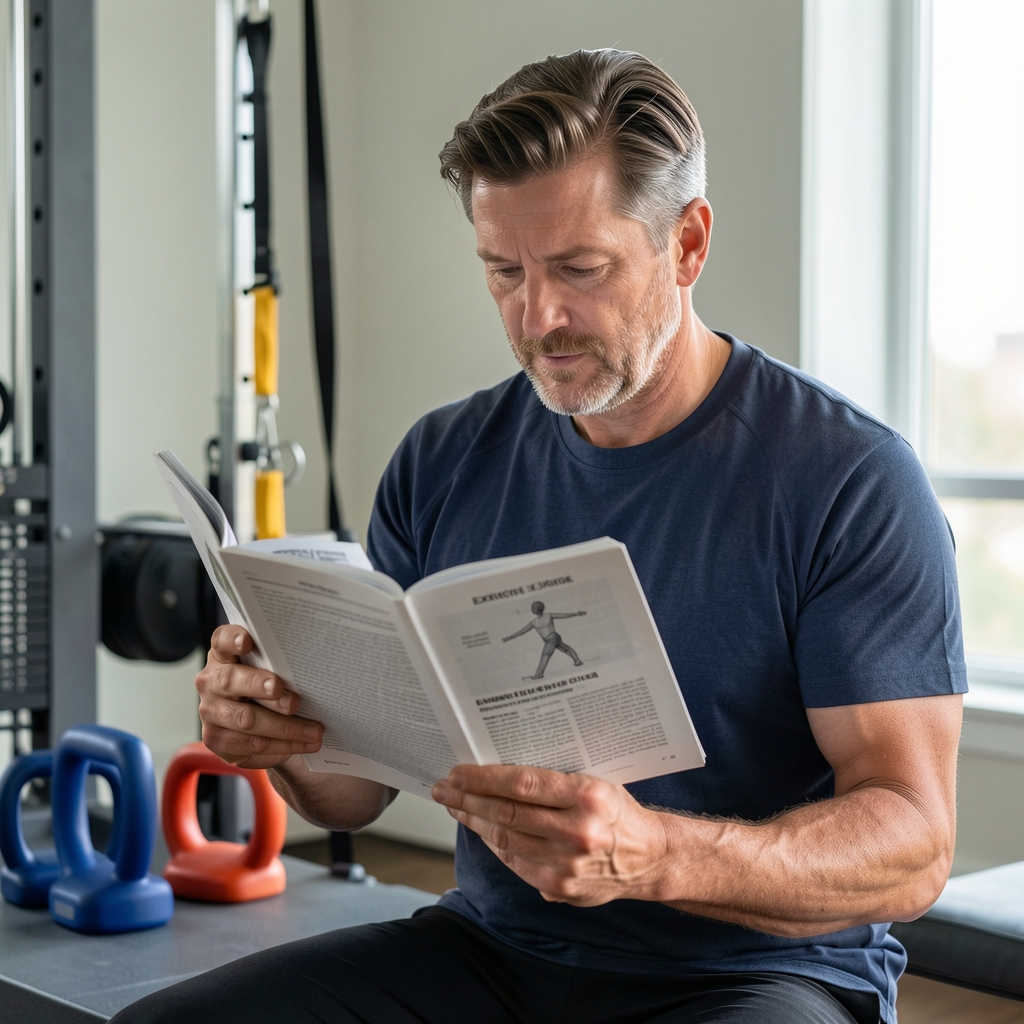 Man over thirty-five reading an exercise science article beside resistance bands