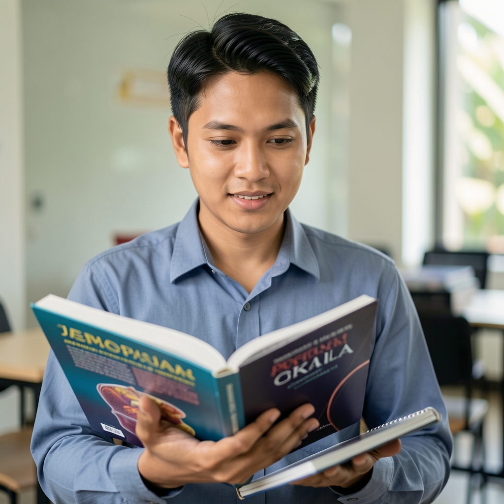 Editorial team member in a Jakarta training studio reviewing physiology books and a notebook