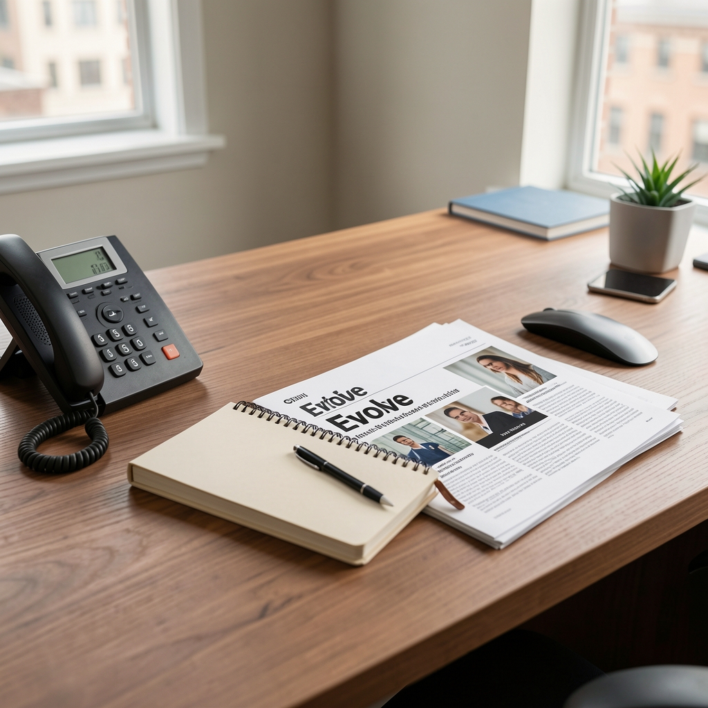 Editorial desk in Central Jakarta with notebook telephone and printed Evolve articles