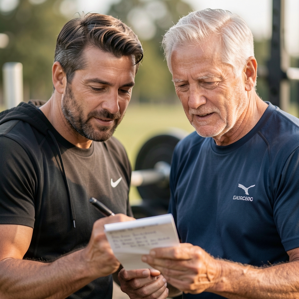 Coach and older athlete reviewing handwritten training notes beside a rack of weights