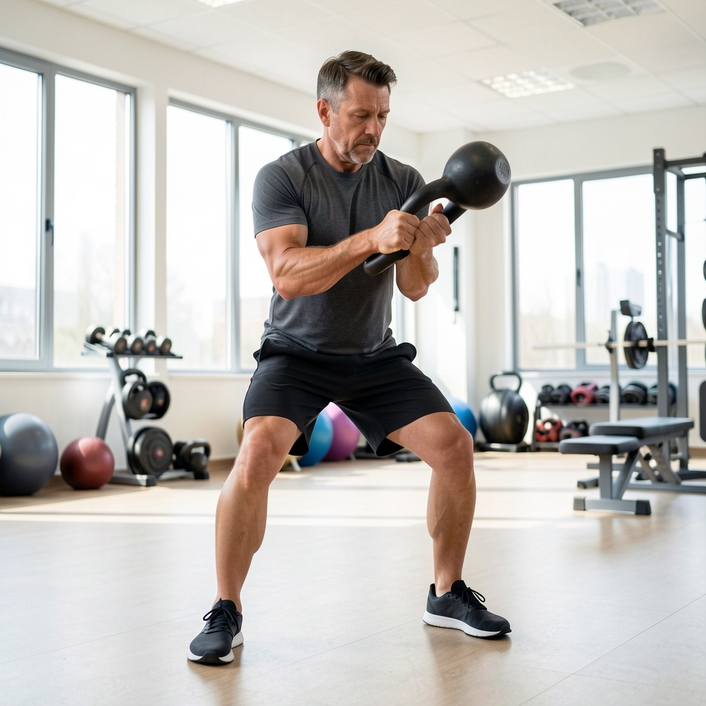 Athletic Indonesian man in his forties performing a controlled kettlebell swing in a bright training studio
