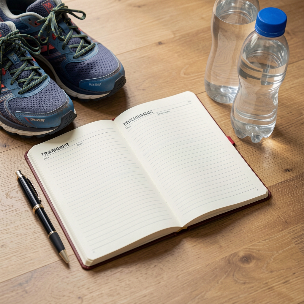 Open training journal with pen beside a pair of running shoes and a water bottle