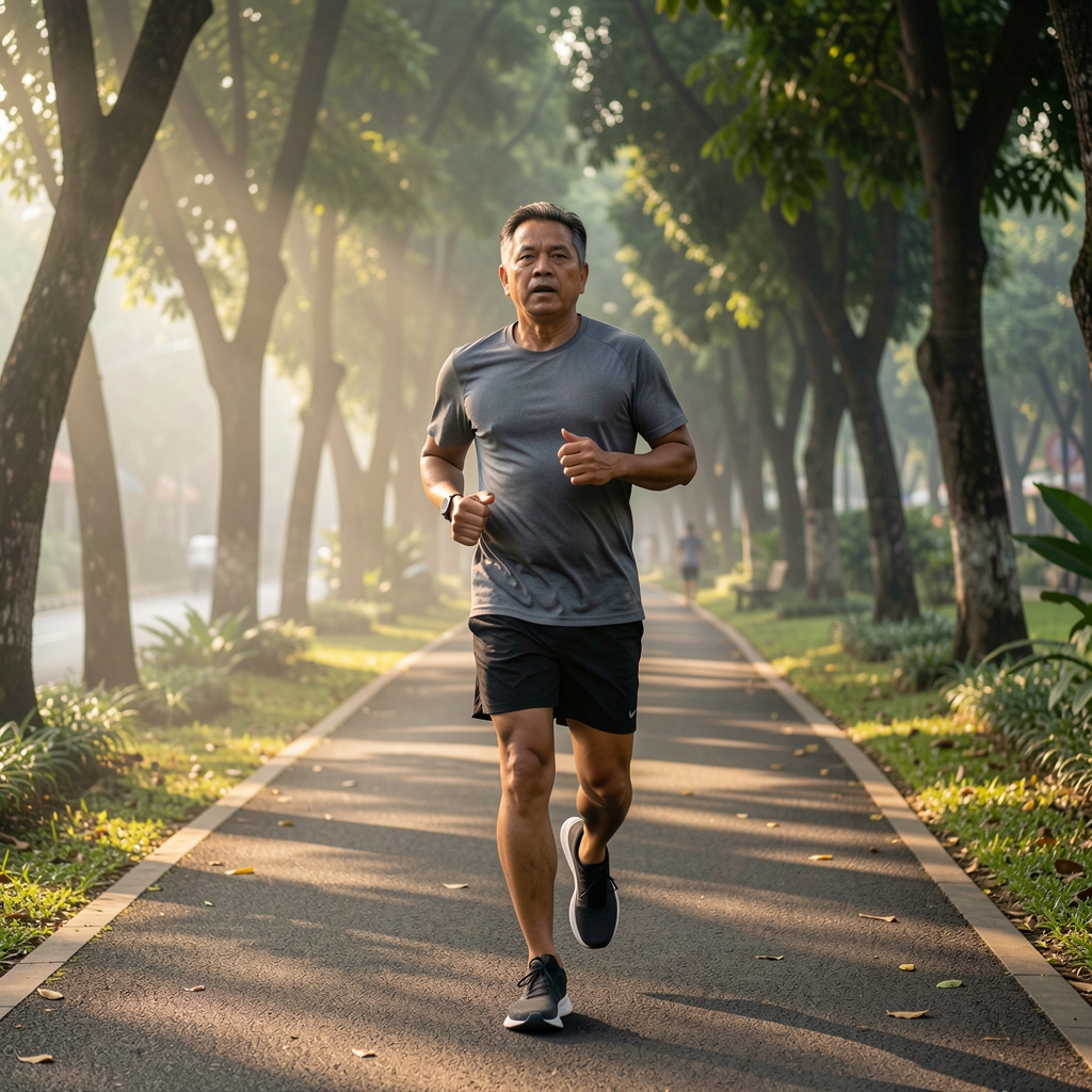 Middle-aged runner moving along a shaded Jakarta park path at early morning