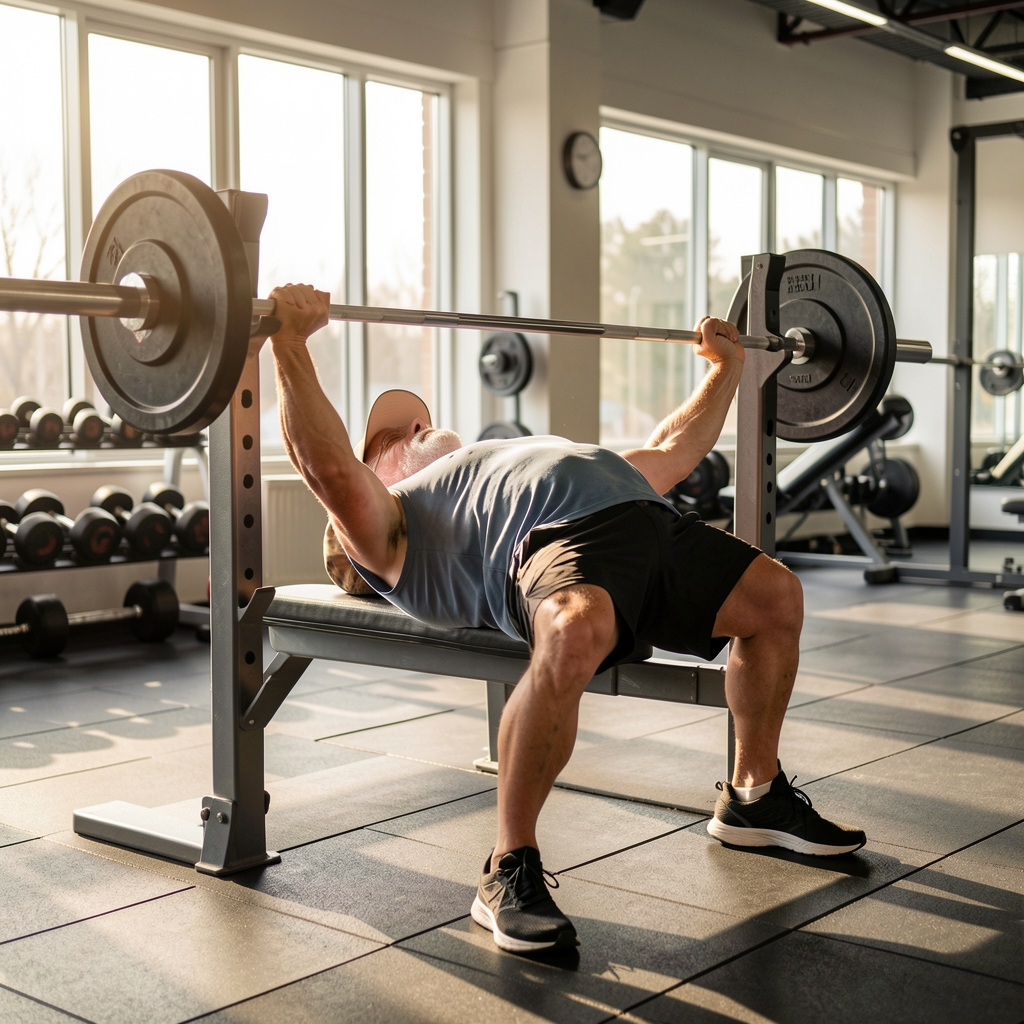 Older athlete doing a controlled landmine press in a sunlit gym