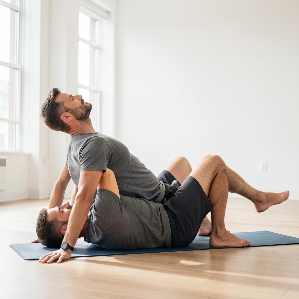 Man in his late thirties practicing a supported hip mobility drill on a mat in a bright studio