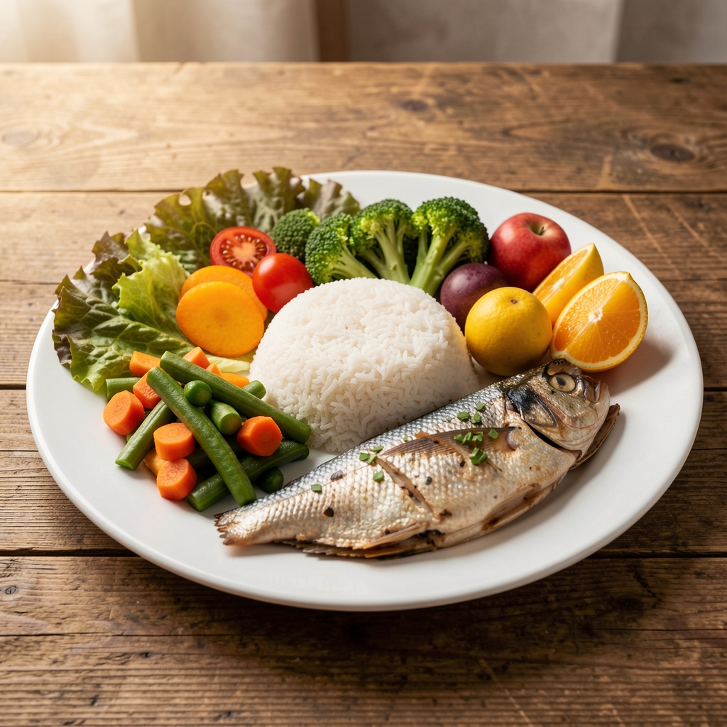 Balanced Indonesian meal with rice vegetables fish and fruit arranged on a wooden table