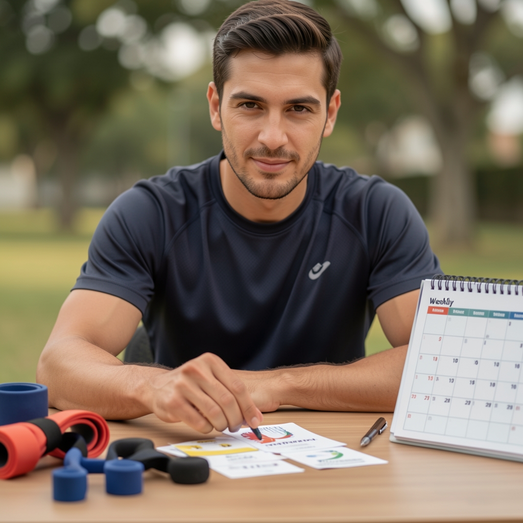 Coach arranging weekly training cards on a desk beside a calendar and resistance bands