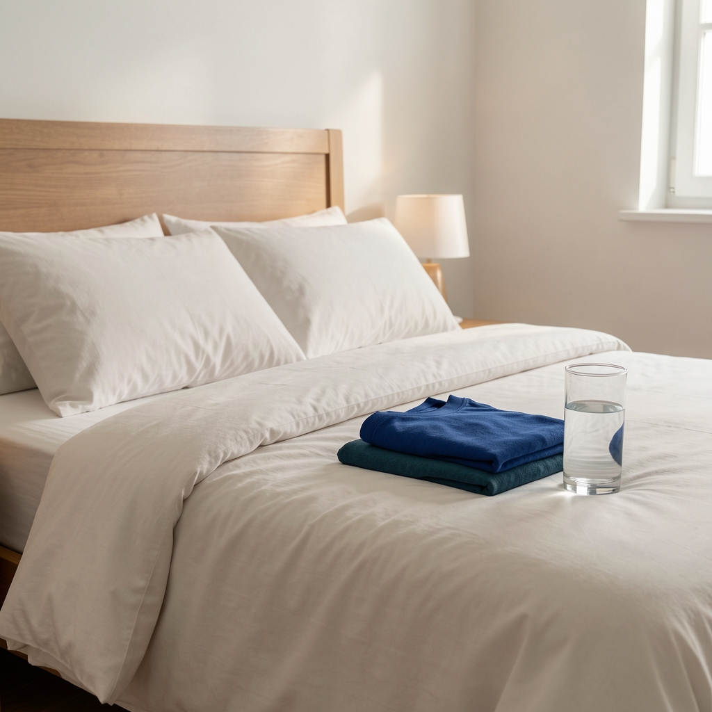 Calm bedroom prepared for sleep with folded training clothes and a glass of water