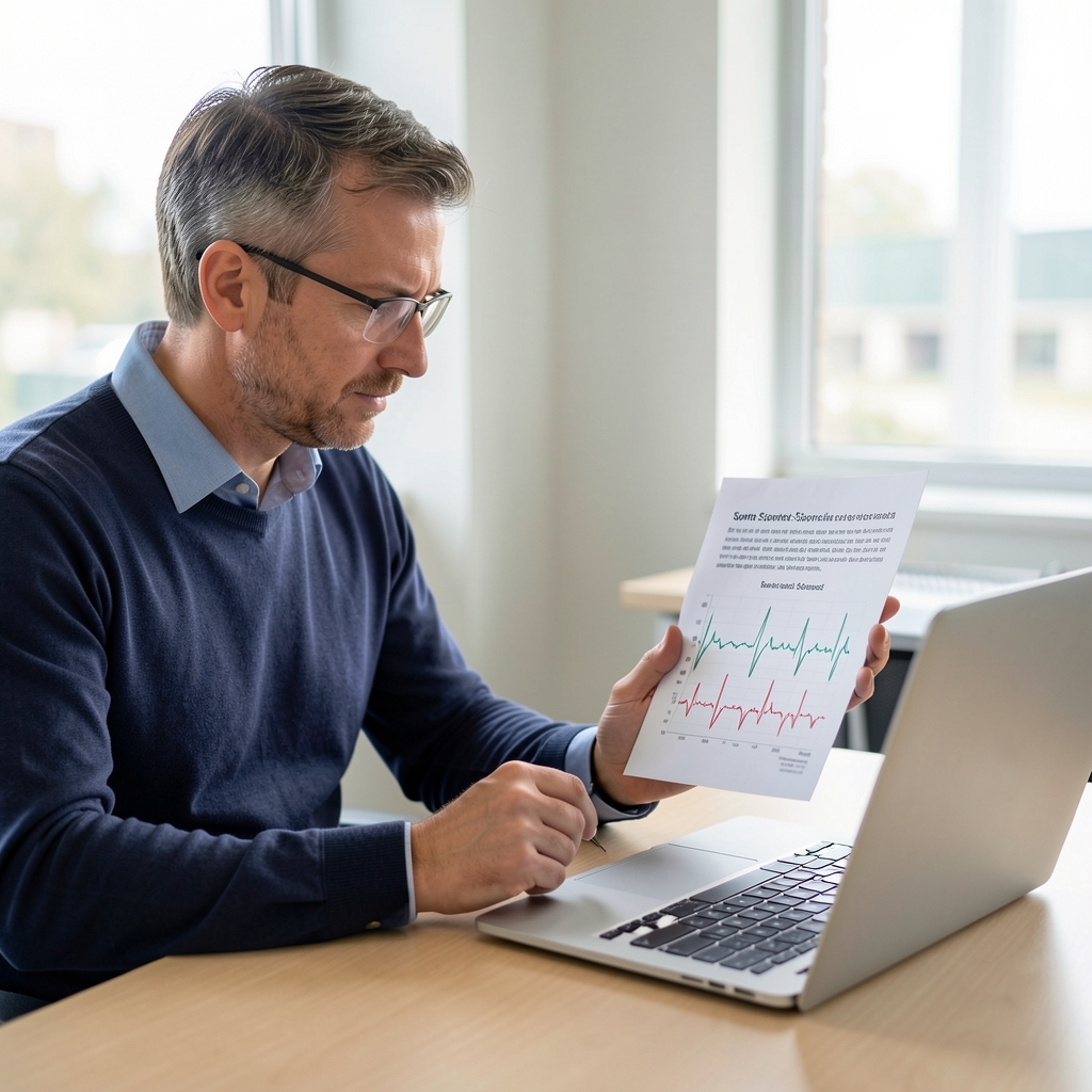 Sports science researcher examining a printed study beside a laptop and heart-rate chart