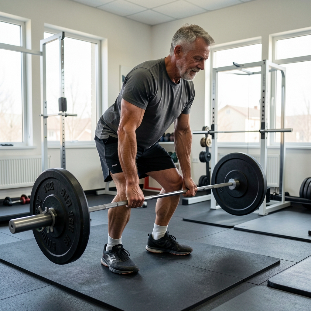Mature athlete preparing a barbell in a clean physiology testing room