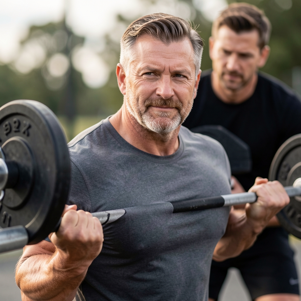 Fit man over forty performing a deliberate trap-bar deadlift with a coach observing posture