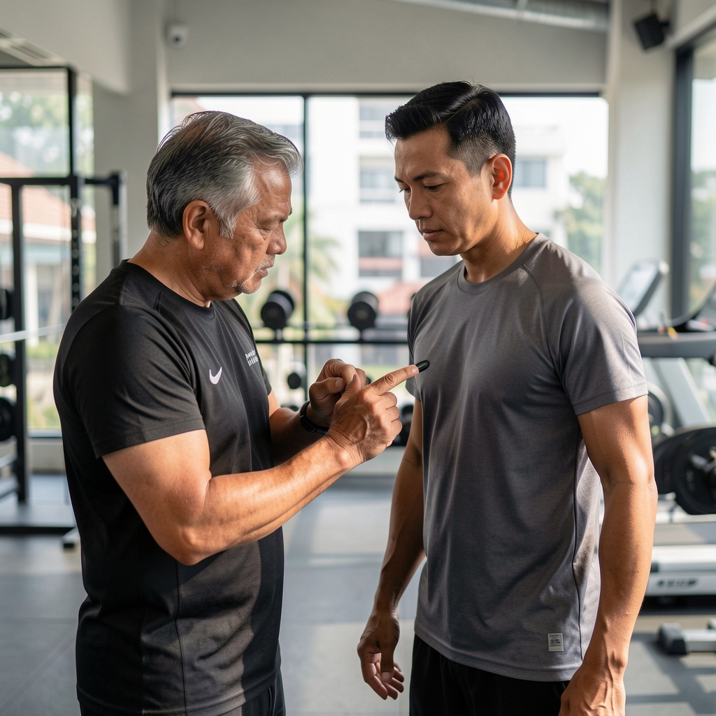 Sports clinician conducting a careful movement assessment with a mature athlete in Jakarta