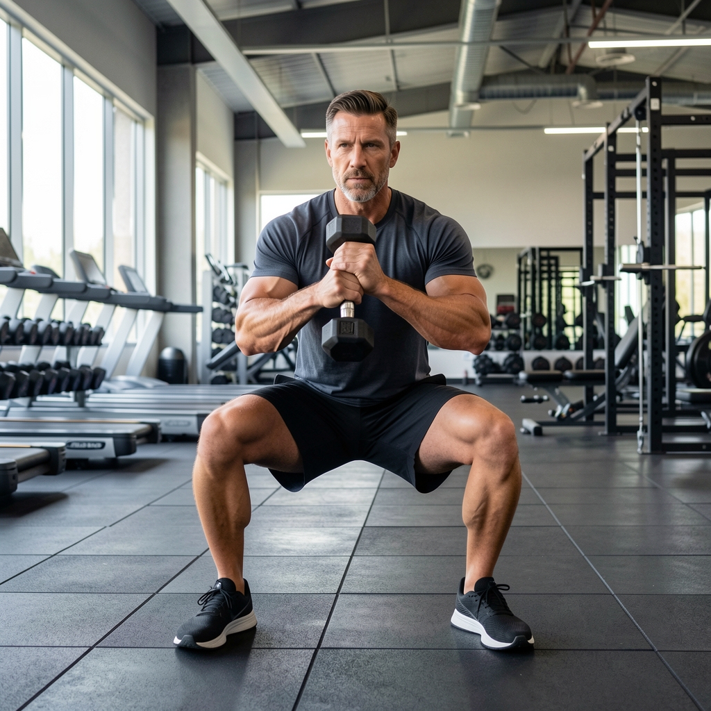 Athletic man in his forties performing a split squat with a dumbbell in a spacious gym